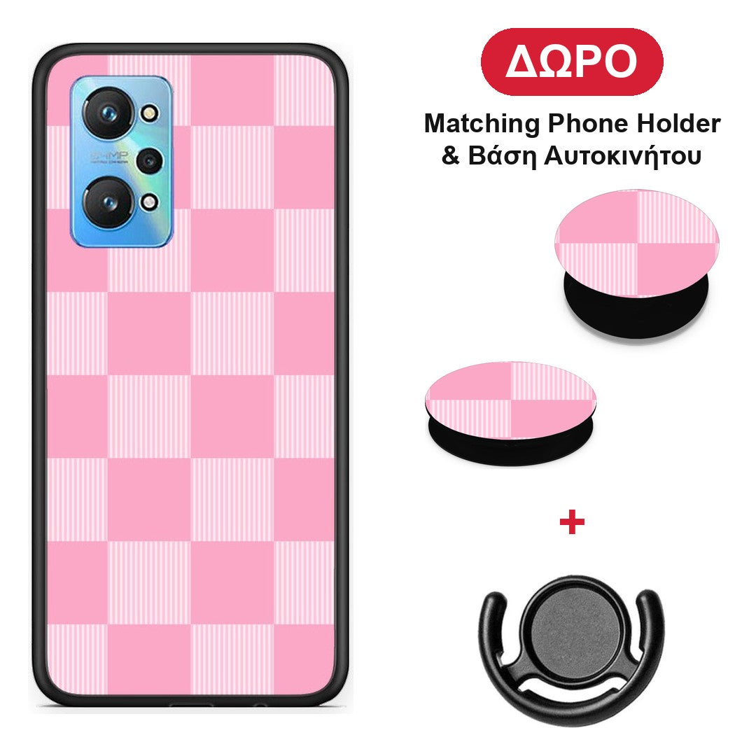 Pink and White Striped Checks - Realme GT Neo 3T θήκη + Δώρο Phone Holder & Βάση Αυτοκινήτου