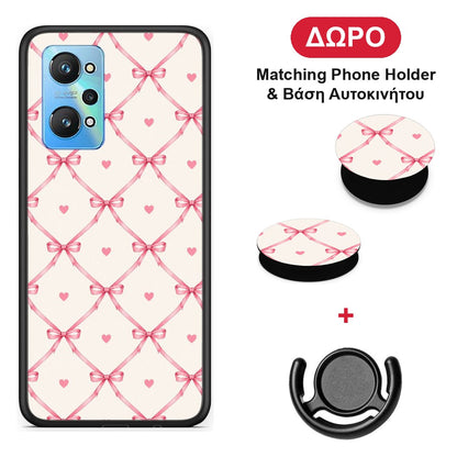 Pink Bow Lattice and Hearts on Cream - Realme GT Neo 3T θήκη + Δώρο Phone Holder & Βάση Αυτοκινήτου
