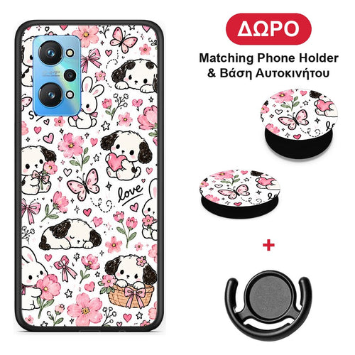 Pink Florals Puppies and Bunnies on White - Realme GT Neo 3T θήκη + Δώρο Phone Holder & Βάση Αυτοκινήτου