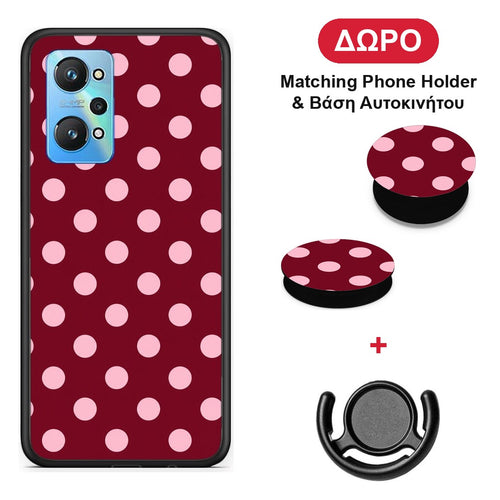 Pink Polka Dots on Burgundy - Realme GT Neo 3T θήκη + Δώρο Phone Holder & Βάση Αυτοκινήτου
