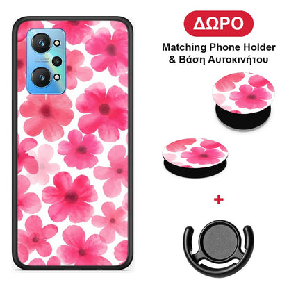 Pink Watercolour Flowers on White - Realme GT Neo 3T θήκη + Δώρο Phone Holder & Βάση Αυτοκινήτου