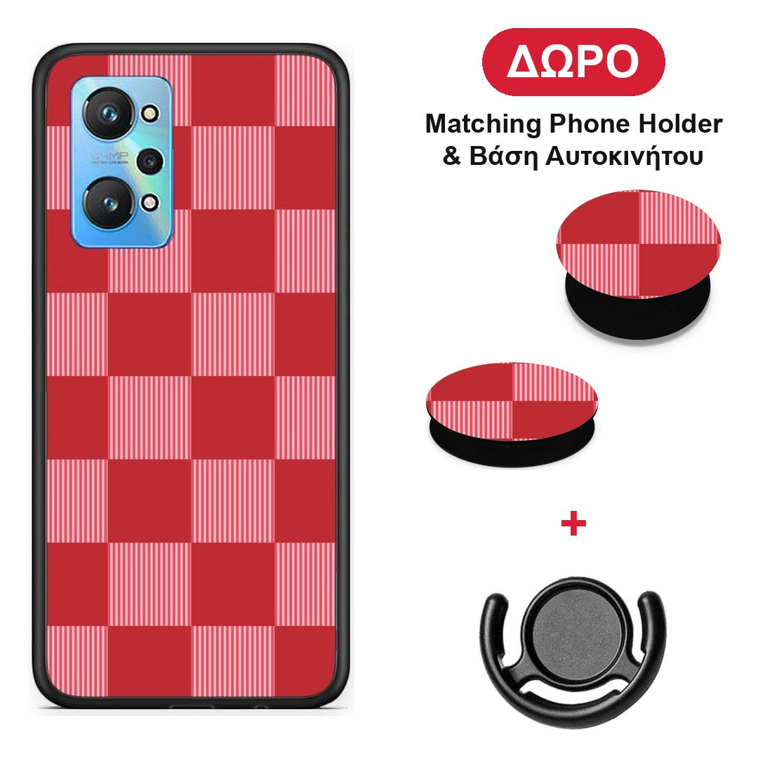 Red and Pink Striped Checks - Realme GT Neo 3T θήκη + Δώρο Phone Holder & Βάση Αυτοκινήτου