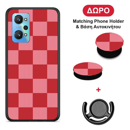 Red and Pink Striped Checks - Realme GT Neo 3T θήκη + Δώρο Phone Holder & Βάση Αυτοκινήτου
