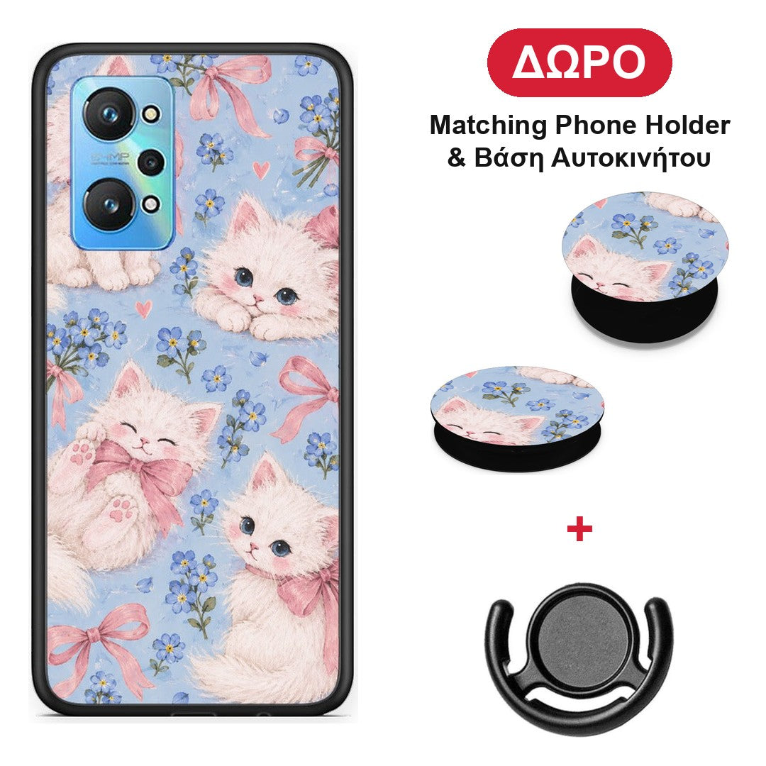 White Kittens and Blue Flowers Large - Realme GT Neo 3T θήκη + Δώρο Phone Holder & Βάση Αυτοκινήτου