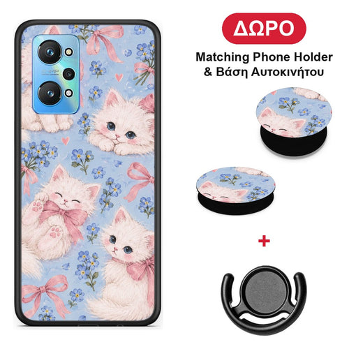 White Kittens and Blue Flowers Large - Realme GT Neo 3T θήκη + Δώρο Phone Holder & Βάση Αυτοκινήτου