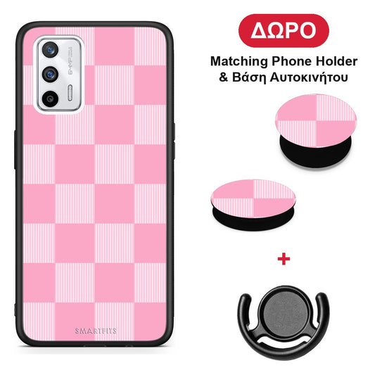 Pink and White Striped Checks - Realme GT θήκη + Δώρο Phone Holder & Βάση Αυτοκινήτου