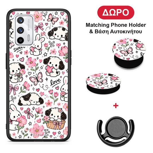 Pink Florals Puppies and Bunnies on White - Realme GT θήκη + Δώρο Phone Holder & Βάση Αυτοκινήτου