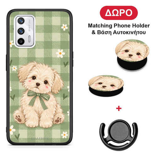 Puppy and Daisies on Sage Gingham - Realme GT θήκη + Δώρο Phone Holder & Βάση Αυτοκινήτου
