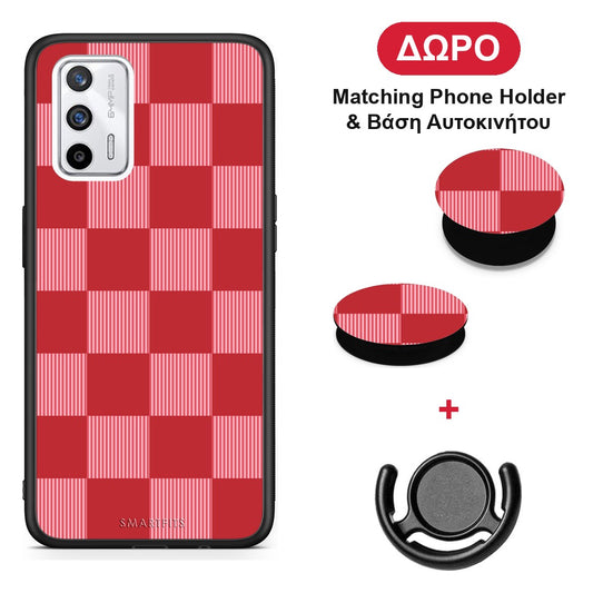 Red and Pink Striped Checks - Realme GT θήκη + Δώρο Phone Holder & Βάση Αυτοκινήτου