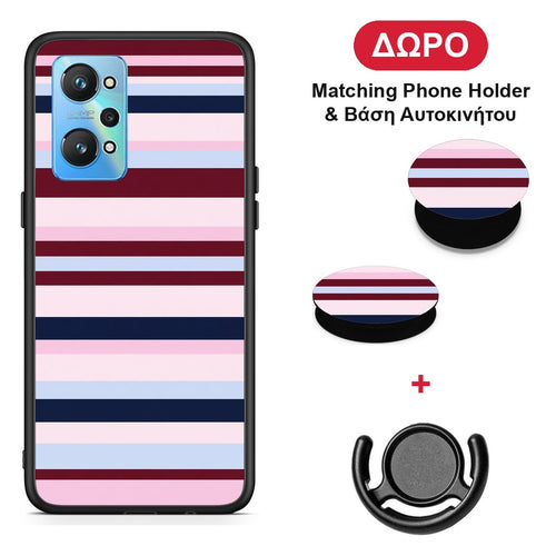 Burgundy Pink and Blue Horizontal Stripes - Realme GT2 θήκη + Δώρο Phone Holder & Βάση Αυτοκινήτου