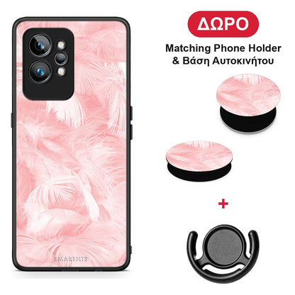 Boho Pink Feather - Realme GT2 θήκη + Δώρο Phone Holder & Βάση Αυτοκινήτου