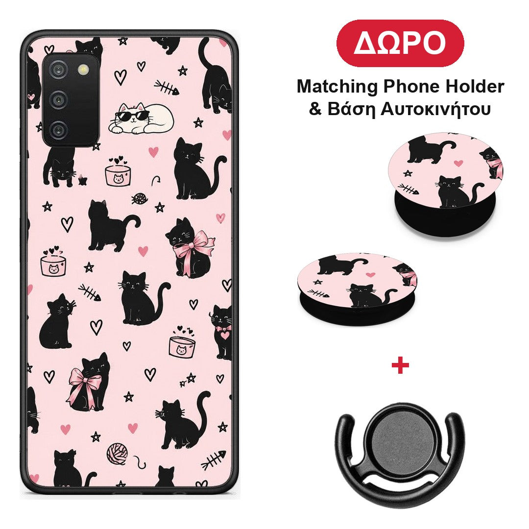 Black Cat Doodles on Pink - Samsung Galaxy A02s / M02s / F02s θήκη + Δώρο Phone Holder & Βάση Αυτοκινήτου