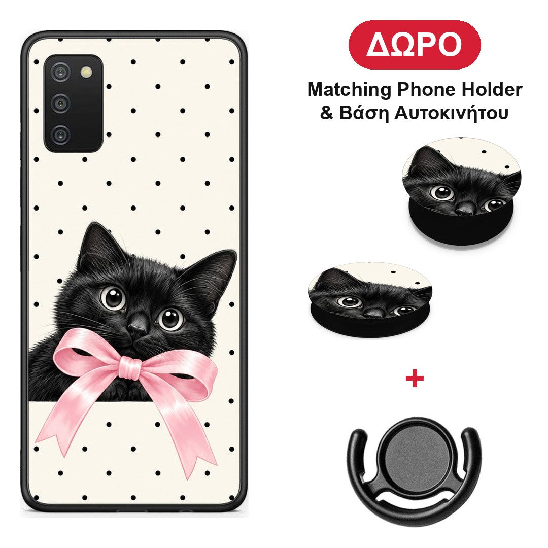 Black Kitten Pink Bow and Polka Dots - Samsung Galaxy A02s / M02s / F02s θήκη + Δώρο Phone Holder & Βάση Αυτοκινήτου