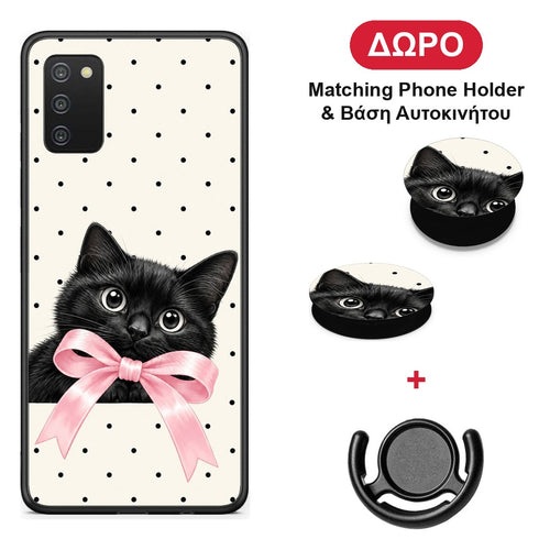 Black Kitten Pink Bow and Polka Dots - Samsung Galaxy A02s / M02s / F02s θήκη + Δώρο Phone Holder & Βάση Αυτοκινήτου