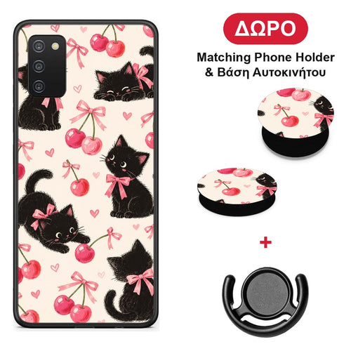 Black Kittens and Cherries on Cream - Samsung Galaxy A02s / M02s / F02s θήκη + Δώρο Phone Holder & Βάση Αυτοκινήτου