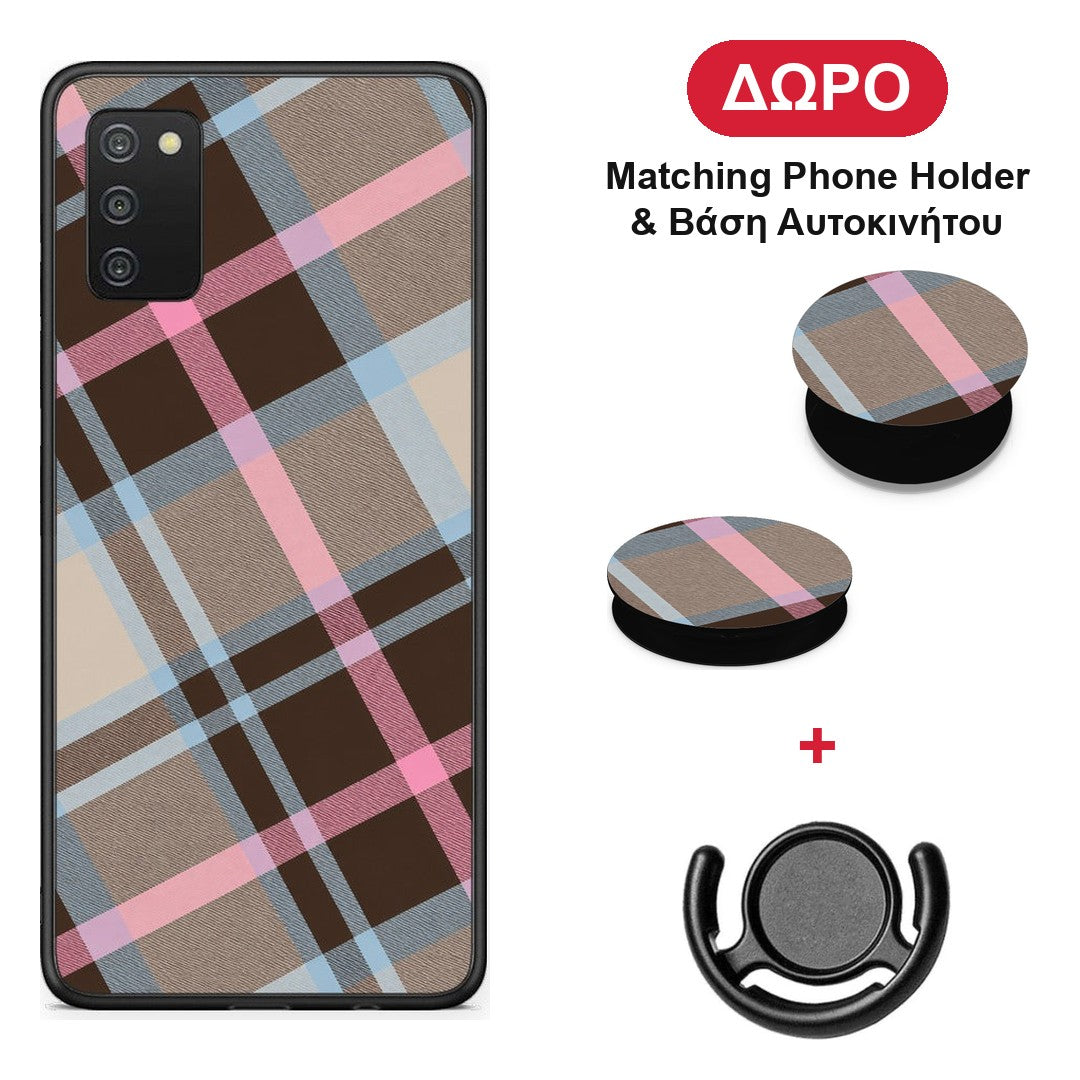 Brown Pink and Blue Diagonal Plaid - Samsung Galaxy A02s / M02s / F02s θήκη + Δώρο Phone Holder & Βάση Αυτοκινήτου
