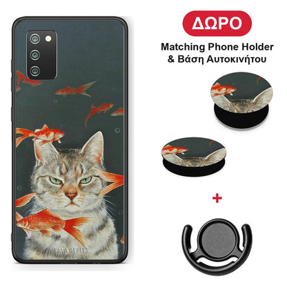 Cat Goldfish - Samsung Galaxy A02s / M02s / F02s θήκη + Δώρο Phone Holder & Βάση Αυτοκινήτου