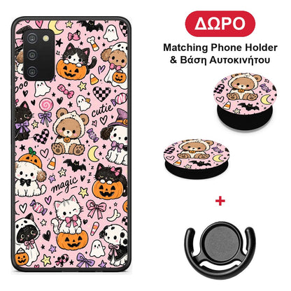 Halloween Cute Animals on Pink - Samsung Galaxy A02s / M02s / F02s θήκη + Δώρο Phone Holder & Βάση Αυτοκινήτου