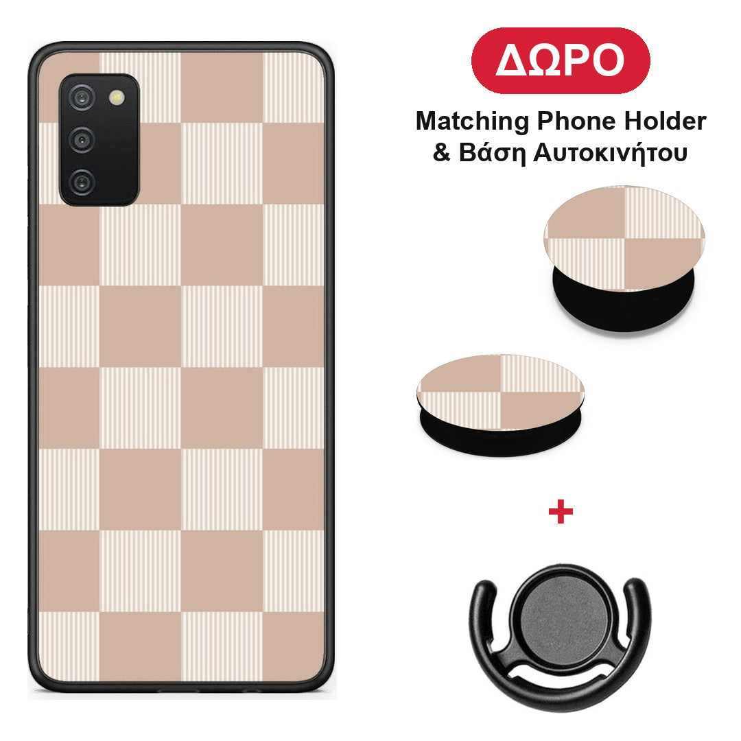 Latte and Cream Striped Checks - Samsung Galaxy A02s / M02s / F02s θήκη + Δώρο Phone Holder & Βάση Αυτοκινήτου