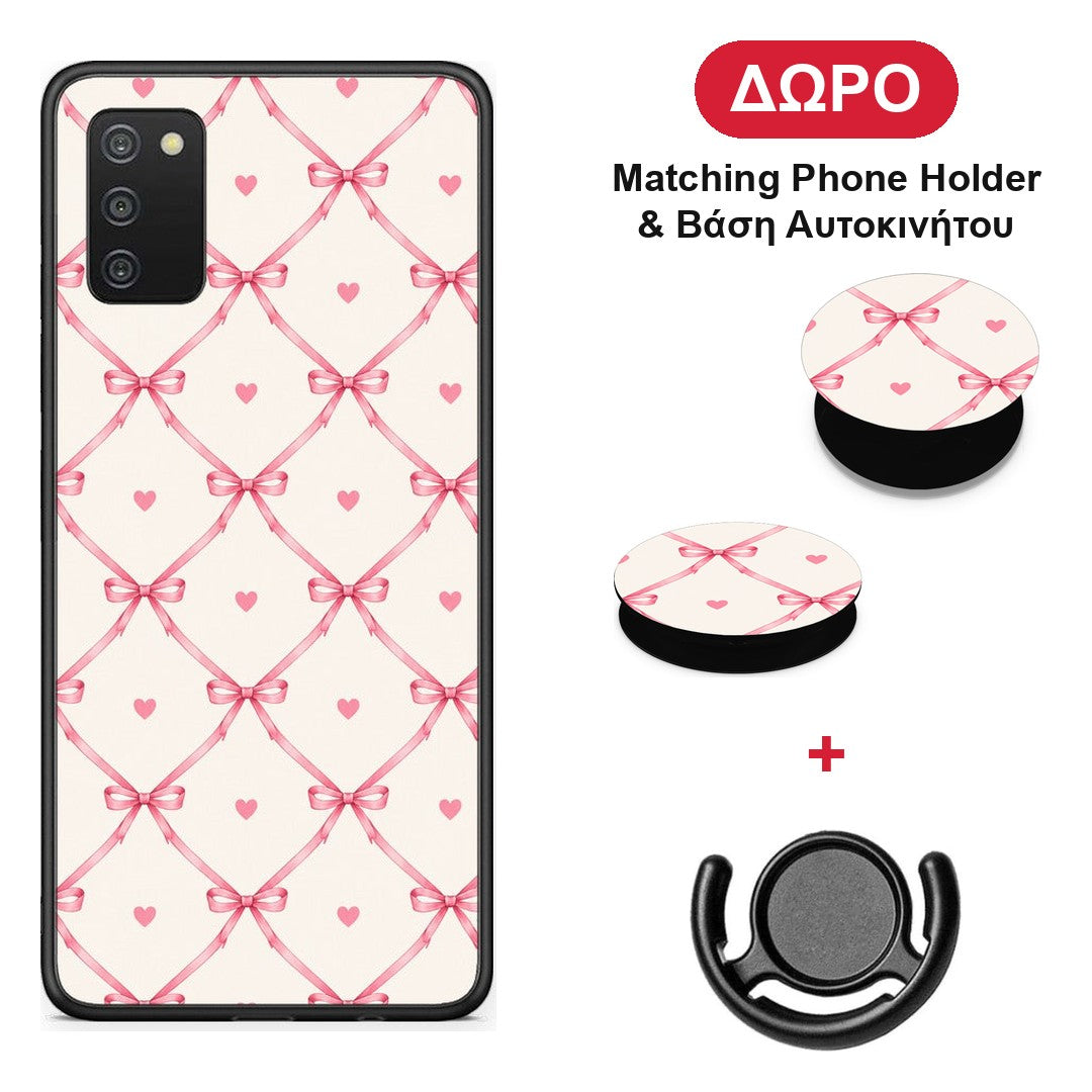 Pink Bow Lattice and Hearts on Cream - Samsung Galaxy A02s / M02s / F02s θήκη + Δώρο Phone Holder & Βάση Αυτοκινήτου