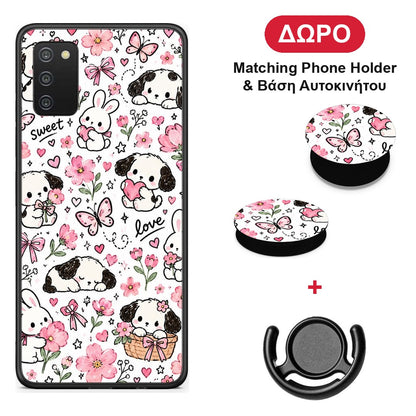 Pink Florals Puppies and Bunnies on White - Samsung Galaxy A02s / M02s / F02s θήκη + Δώρο Phone Holder & Βάση Αυτοκινήτου