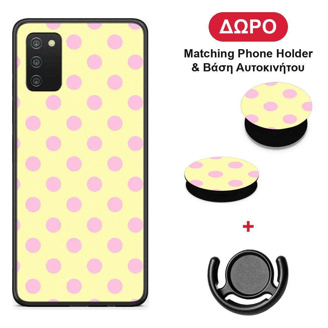 Pink Polka Dots on Yellow - Samsung Galaxy A02s / M02s / F02s θήκη + Δώρο Phone Holder & Βάση Αυτοκινήτου