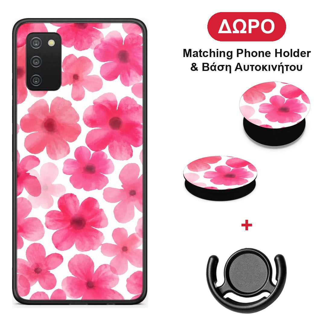 Pink Watercolour Flowers on White - Samsung Galaxy A02s / M02s / F02s θήκη + Δώρο Phone Holder & Βάση Αυτοκινήτου