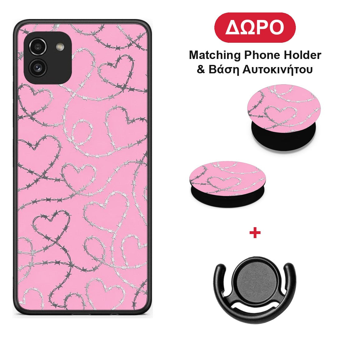 Barbed Wire Hearts on Pink - Samsung Galaxy A03 θήκη + Δώρο Phone Holder & Βάση Αυτοκινήτου