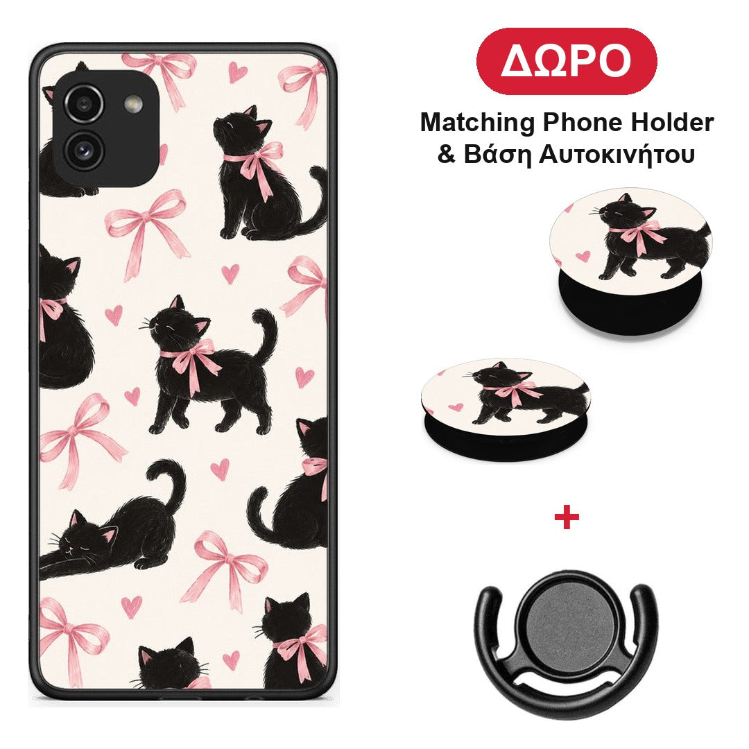 Black Kittens and Pink Bows on Cream Large - Samsung Galaxy A03 θήκη + Δώρο Phone Holder & Βάση Αυτοκινήτου