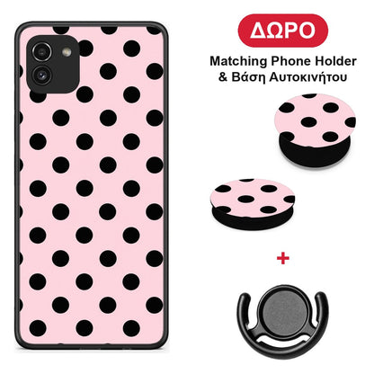 Black Polka Dots on Pink - Samsung Galaxy A03 θήκη + Δώρο Phone Holder & Βάση Αυτοκινήτου