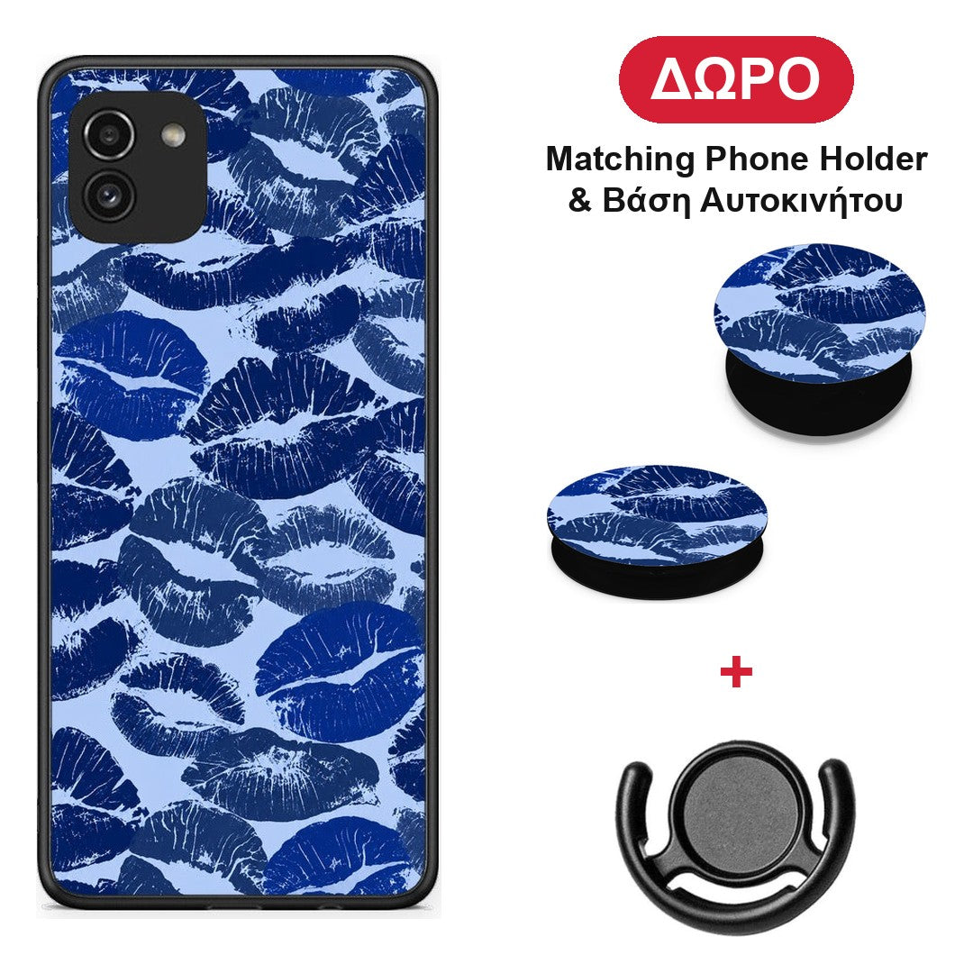 Blue Lipstick Kisses - Samsung Galaxy A03 θήκη + Δώρο Phone Holder & Βάση Αυτοκινήτου