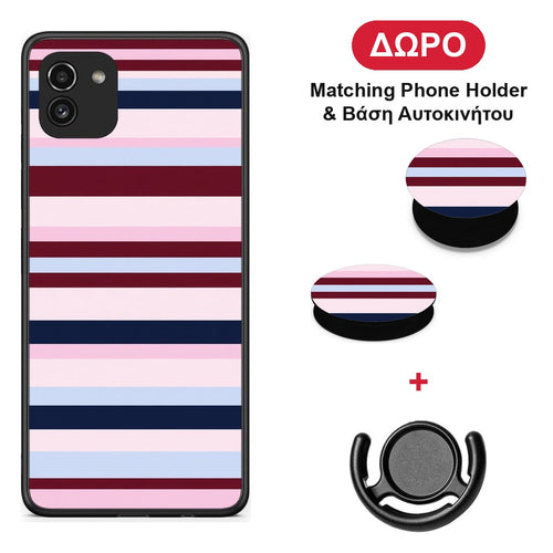 Burgundy Pink and Blue Horizontal Stripes - Samsung Galaxy A03 θήκη + Δώρο Phone Holder & Βάση Αυτοκινήτου