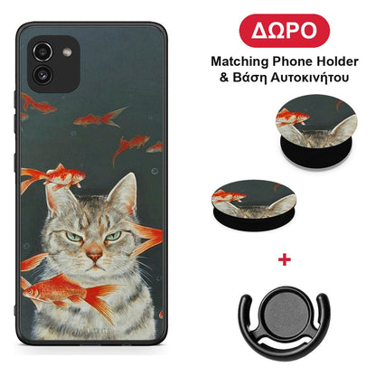 Cat Goldfish - Samsung Galaxy A03 θήκη + Δώρο Phone Holder & Βάση Αυτοκινήτου