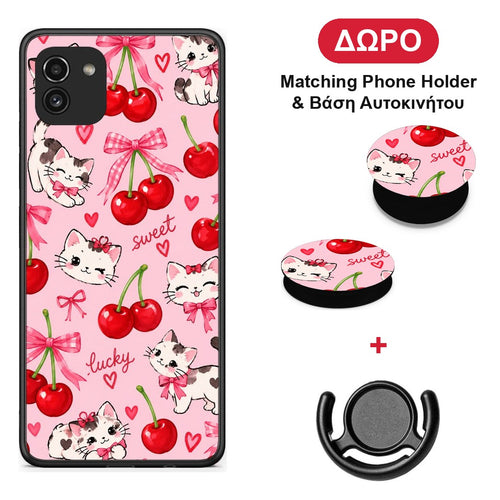Cherries Bows and Kittens on Pink - Samsung Galaxy A03 θήκη + Δώρο Phone Holder & Βάση Αυτοκινήτου