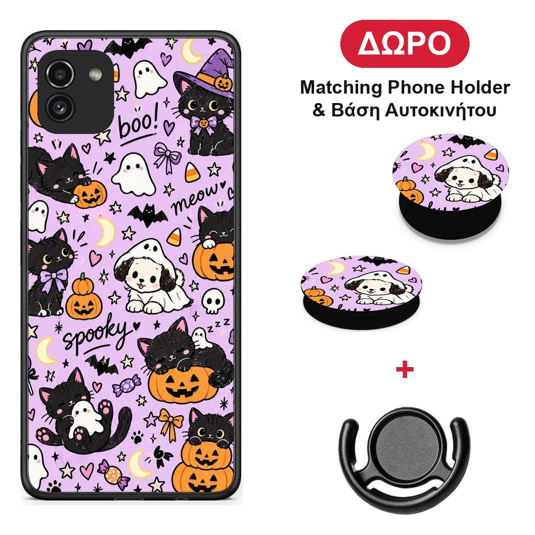 Halloween Black Cats on Lilac - Samsung Galaxy A03 θήκη + Δώρο Phone Holder & Βάση Αυτοκινήτου
