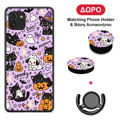 Halloween Black Cats on Lilac - Samsung Galaxy A03 θήκη + Δώρο Phone Holder & Βάση Αυτοκινήτου