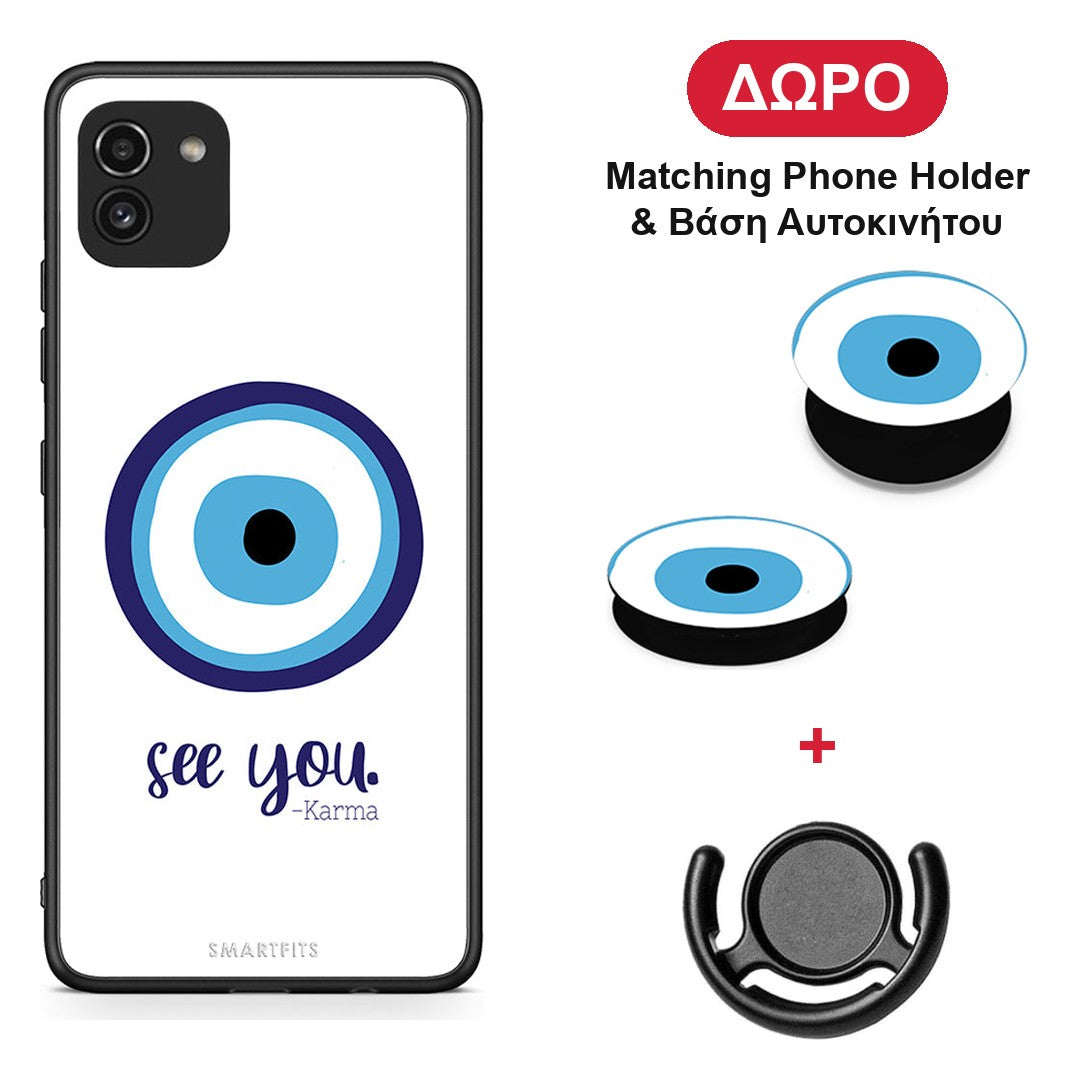 Karma Says - Samsung Galaxy A03 θήκη + Δώρο Phone Holder & Βάση Αυτοκινήτου