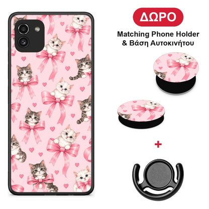 Kittens and Pink Bows on Pink - Samsung Galaxy A03 θήκη + Δώρο Phone Holder & Βάση Αυτοκινήτου