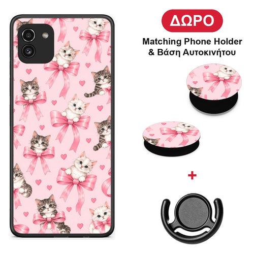 Kittens and Pink Bows on Pink - Samsung Galaxy A03 θήκη + Δώρο Phone Holder & Βάση Αυτοκινήτου