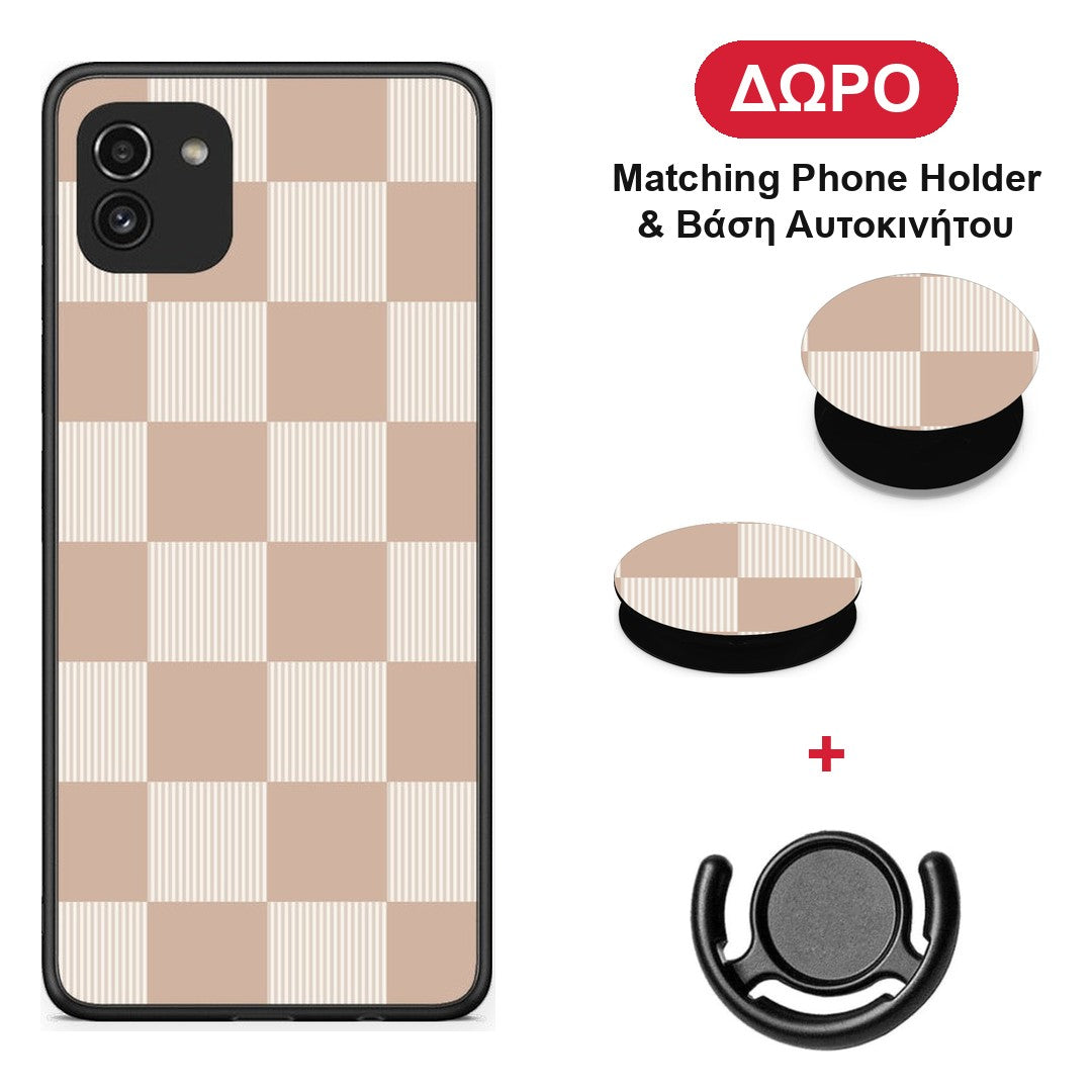 Latte and Cream Striped Checks - Samsung Galaxy A03 θήκη + Δώρο Phone Holder & Βάση Αυτοκινήτου