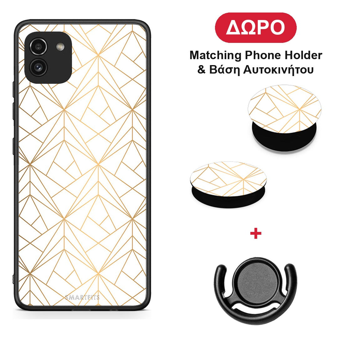 Geometric Luxury White - Samsung Galaxy A03 θήκη + Δώρο Phone Holder & Βάση Αυτοκινήτου