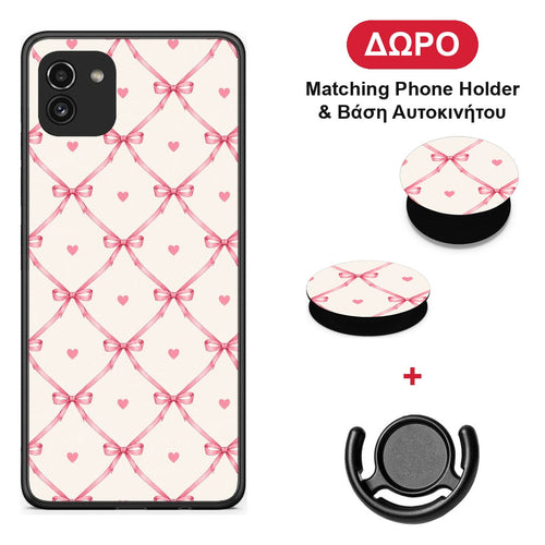 Pink Bow Lattice and Hearts on Cream - Samsung Galaxy A03 θήκη + Δώρο Phone Holder & Βάση Αυτοκινήτου