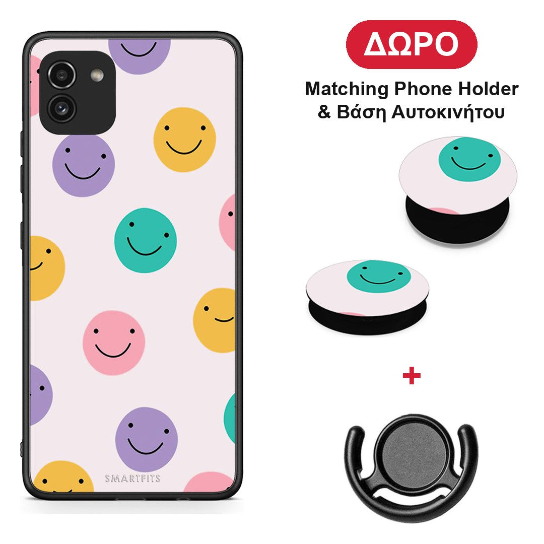 Smiley Faces - Samsung Galaxy A03 θήκη + Δώρο Phone Holder & Βάση Αυτοκινήτου
