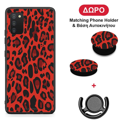 Animal Red Leopard - Samsung Galaxy A03s θήκη + Δώρο Phone Holder & Βάση Αυτοκινήτου
