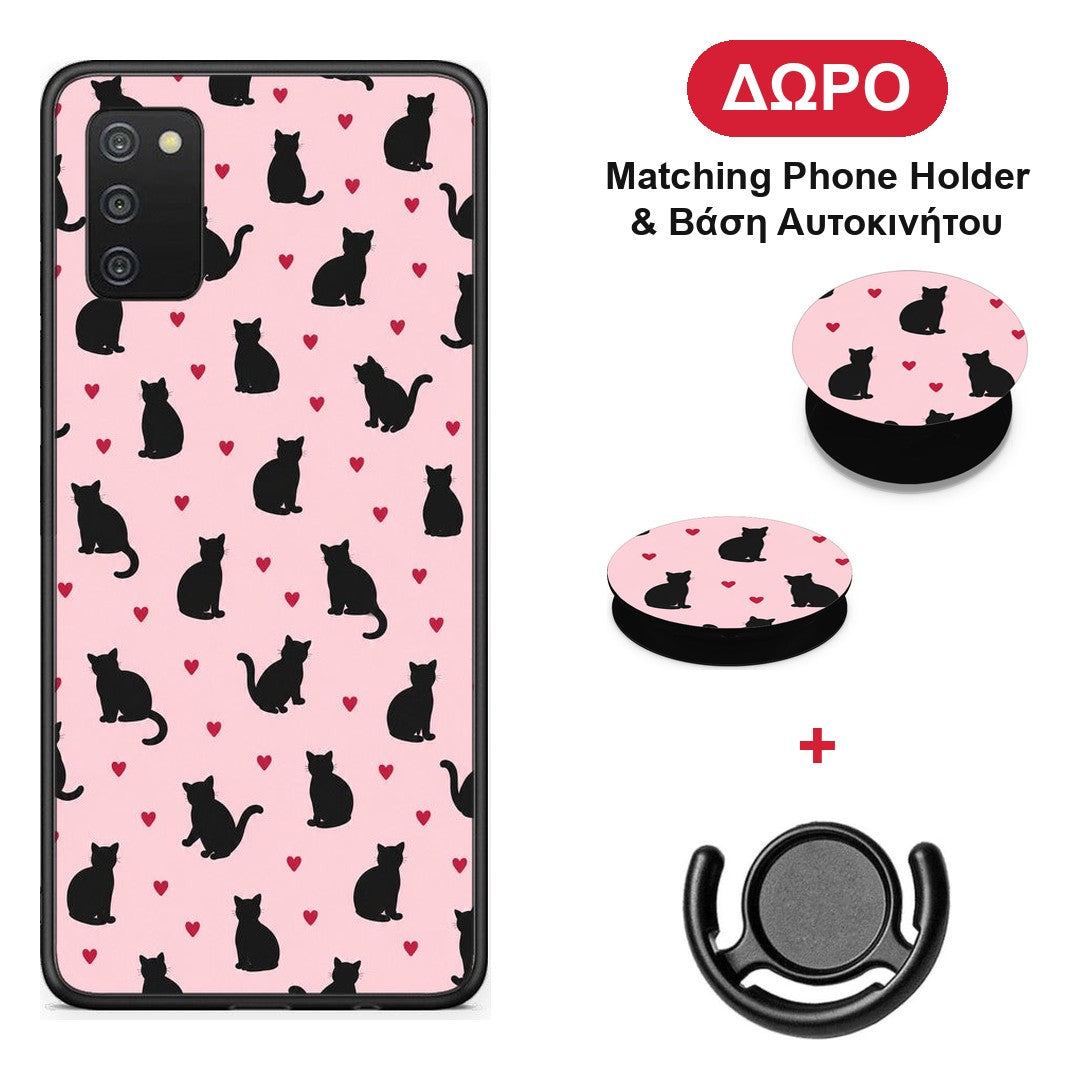 Black Cat Silhouettes and Hearts on Pink - Samsung Galaxy A03s θήκη + Δώρο Phone Holder & Βάση Αυτοκινήτου