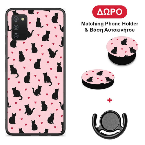 Black Cat Silhouettes and Hearts on Pink - Samsung Galaxy A03s θήκη + Δώρο Phone Holder & Βάση Αυτοκινήτου