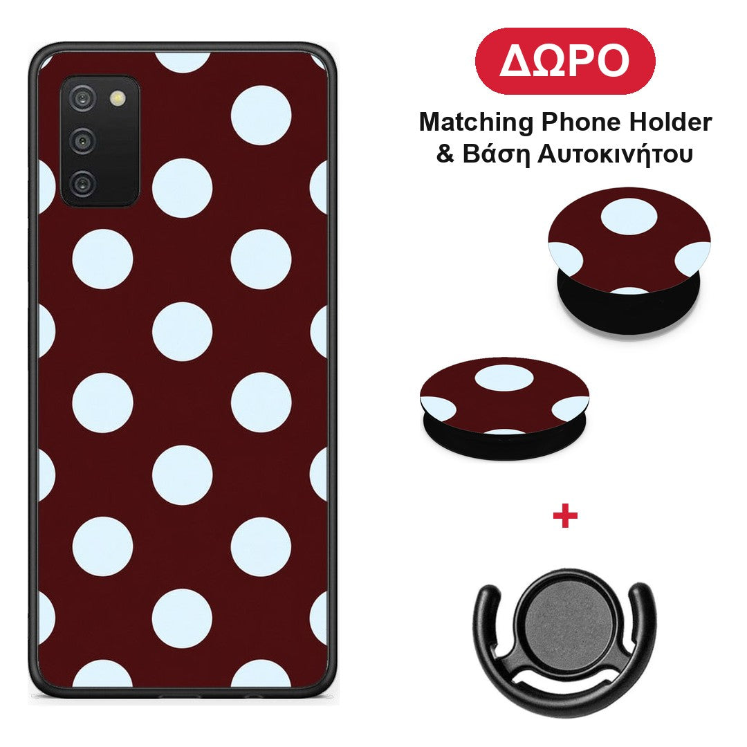 Pale Blue Large Polka Dots on Burgundy - Samsung Galaxy A03s θήκη + Δώρο Phone Holder & Βάση Αυτοκινήτου