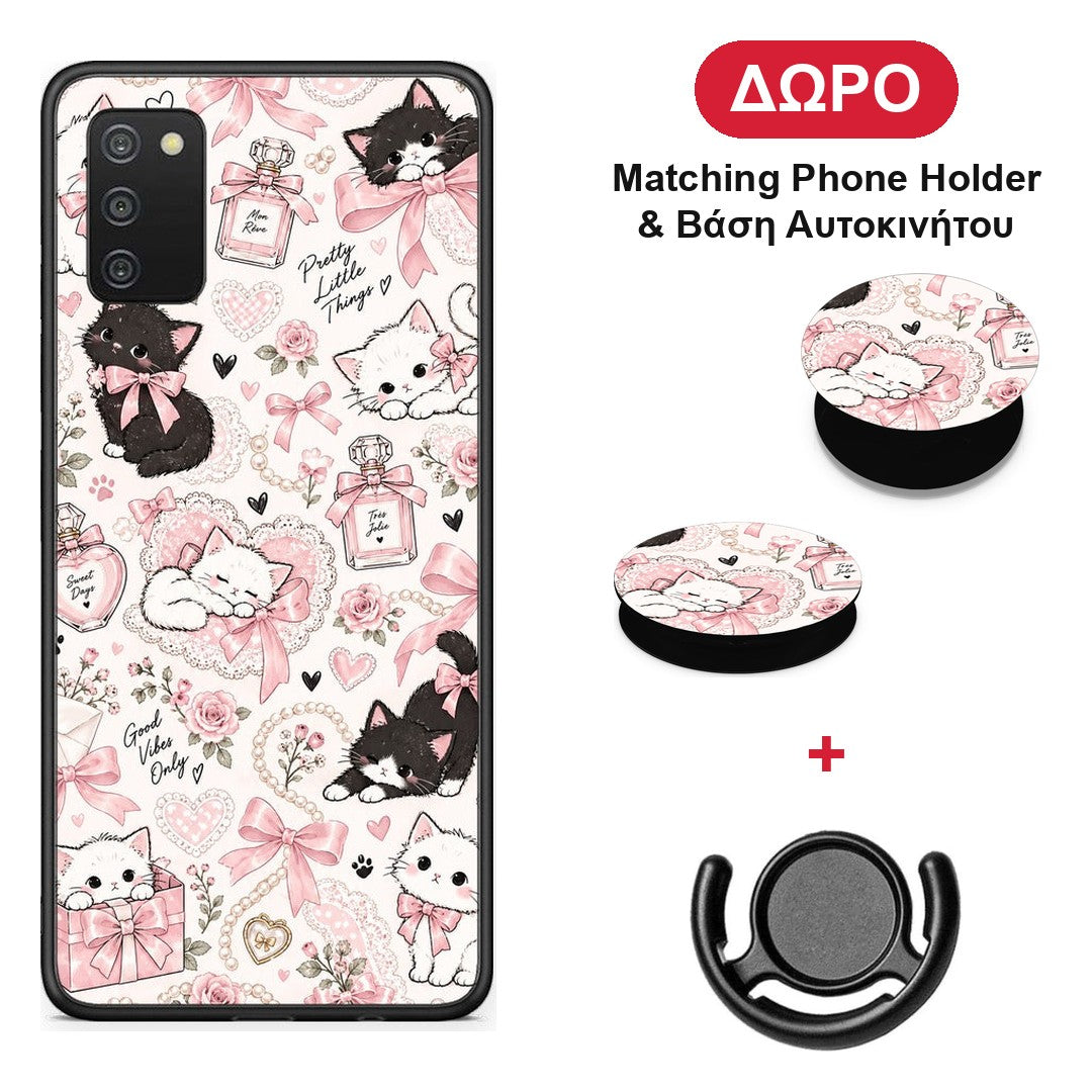Pink Bows and Kittens Collage - Samsung Galaxy A03s θήκη + Δώρο Phone Holder & Βάση Αυτοκινήτου