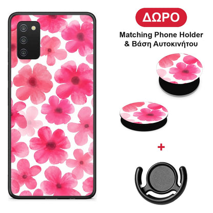 Pink Watercolour Flowers on White - Samsung Galaxy A03s θήκη + Δώρο Phone Holder & Βάση Αυτοκινήτου