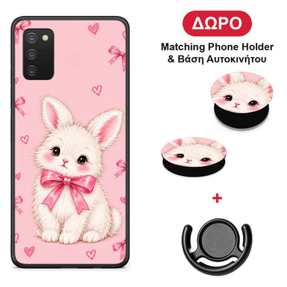 White Bunny and Pink Bows - Samsung Galaxy A03s θήκη + Δώρο Phone Holder & Βάση Αυτοκινήτου